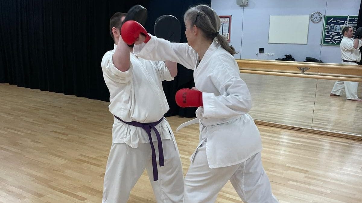 Susan and Shep training at a Werrington, Peterborough Karate Class